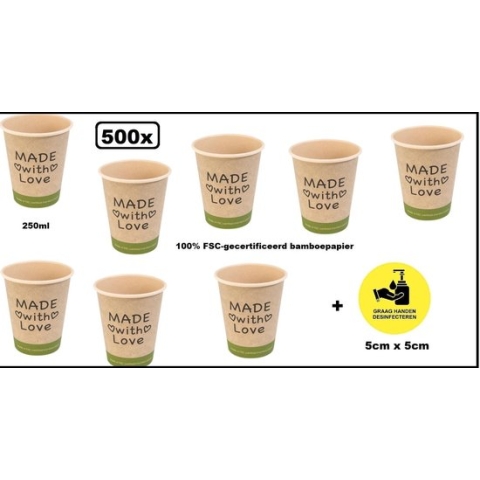 500x Koffiebeker Made with Love bamboe 180ml + Sticker desinfecteren  - Koffie thee chocomel soep drank water beker karton