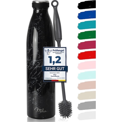 Roestvrijstalen drinkfles, 350 ml, 500 ml, 750 ml, 1 liter, 1.5 l thermosfles, schuine waterfles, lekvrije thermosfles, dubbelwandig, geschikt voor koolzuurhoudende dranken + reinigingsborstel (graniet, 1,5 l)