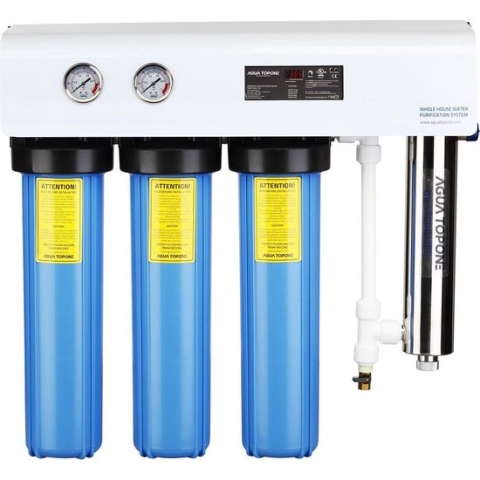 VHW204 Drinkwater UV Filter Systeem , 5 traps , Easy-Install, 45 liter /minuut . Maakt van Regenwater, oppervlakte of Putwater PUUR veilig drinkwater voor uw hele huis , Tiny-house of bedrijf. Inclusief PRE-Filter 40-60 micron voor zand en vuil.