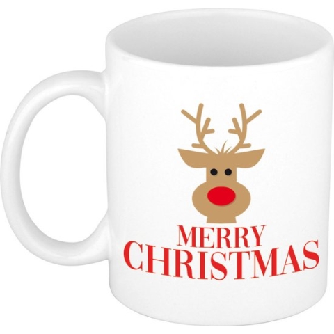 Cadeau kerstmok wit Merry Christmas rendier - 300 ml - keramiek - mok / beker - Kerstmis - kerstcadeau