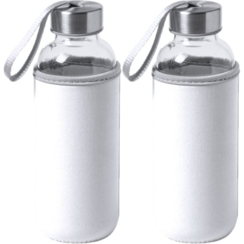 2x Stuks glazen waterfles/drinkfles met witte softshell bescherm hoes 420 ml - Sportfles - Bidon