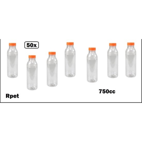 50x Flesje RPET helder 750cc met oranje dop- vernieuwd - gerecycled PET drinken jus sinas cola sappen dranken