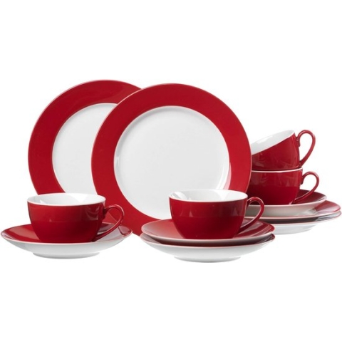 Doppio koffieservies, 12-delig, porseleinen servies, rood