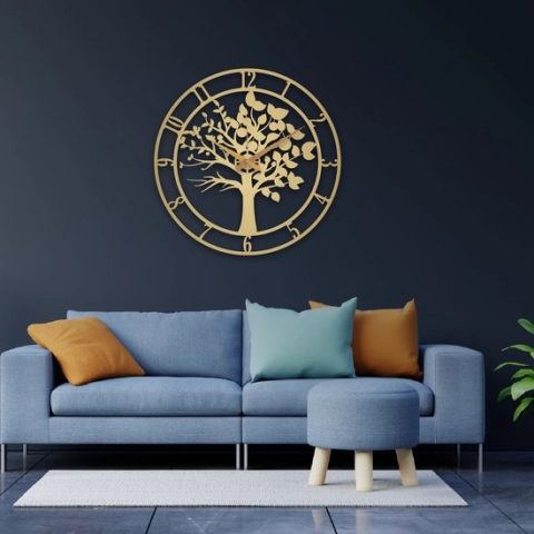 Unieke Handgemaakte Levensboom Wandklok, Wanddecoratie, Kunst met 3D effect 90 cm Goud