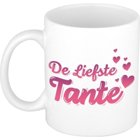 De liefste tante mok / beker wit met roze tekst en hartjes - 300 ml - verjaardag / bedankt cadeau tante