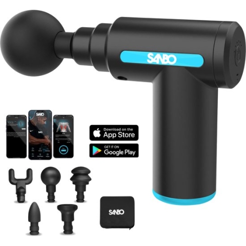 Sanbo Massage Gun Mini - Sport en Relax Massage apparaat - Krachtig - Draadloos - Inclusief Koffer - Met 5 opzetstukken - Zwart/Blauw - Massage Pistool Professioneel - Black Friday 2023 - Sint & Kerst Cadeau
