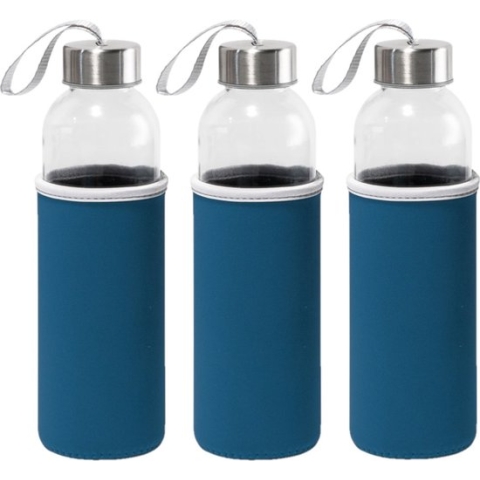 6x Stuks glazen waterfles/drinkfles met blauwe softshell bescherm hoes 520 ml - Sportfles - Bidon