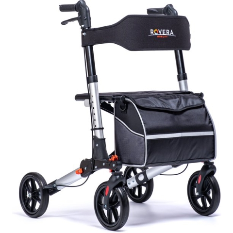 Rovera Mobility® Dubbel Opvouwbare Rollator - Lichtgewicht - Binnen en Buiten - Incl. Luxe, Stijlvolle Rollatortas - Brede Gewatteerde Rugsteun en Zitting - Stijlvol Zilver