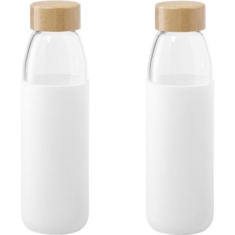 2x Stuks glazen waterfles/drinkfles met witte siliconen bescherm hoes 540 ml - Sportfles - Bidon