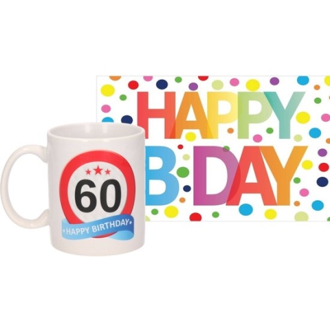 Verjaardag cadeau mok/beker 60 jaar print 300 ml + A5-size wenskaart Happy Birthday