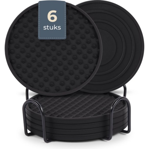 Castagnola Siliconen Onderzetters met Houder – Onderzetters voor Glazen – Onderzetters Design – Onderzettersset – Drink Onderzetters – Hoogwaardige Siliconen – Set van 6 – Zwart