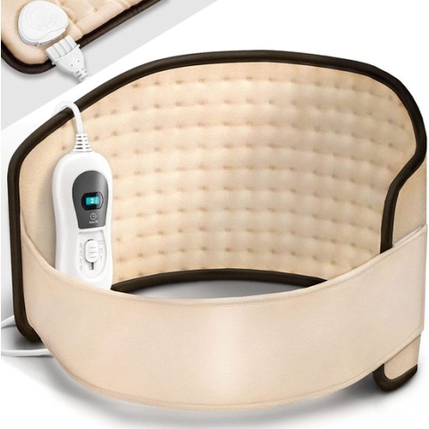 Sinnlein Elektrisch verwarmingskussen, Beige, voor rug en nek, verwarmingsgordel met 3 temperatuurstanden en automatische uitschakeling, warmtegordel met verstelbare band en klittenbandsluiting
