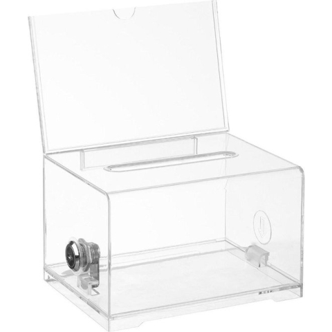 KEJEA K-509 - Inzamelbox met sleutelslot - Collectebus - Fooienpot - Ideeënbus - Spaarpot met slot - Stembus - Donatiebox - Geldkistje met gleuf - Kluisje - Loterijbox - Inzamelingsbus - Met folderhouder - Doorzichtig - Transparant - Volwassenen