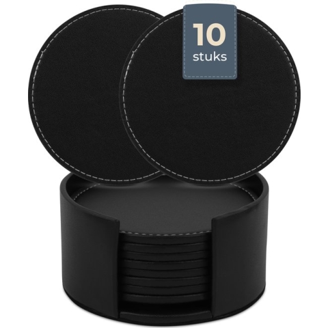 Castagnola Kunstlederen Onderzetters met Houder – Onderzetters voor Glazen – Onderzetters Design – Onderzettersset – Drink Onderzetters – Leder – Leren Onderzetters – Set van 10 – Zwart