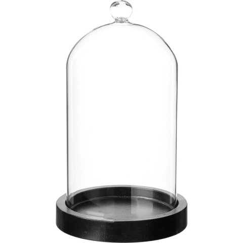 Atmosphera Home decoratie glazen stolp op houten plateau - glas/zwart - D12 x H19 cm - Woonaccessoires
