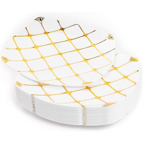 MATANA 20 Witte Vierkante Plastic Borden met Goudpatroon (25cm), Feestbordjes voor Bruiloften, Verjaardagen, Kerstmis & Feesten - Stevig en Herbruikbaar