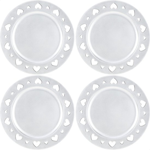 4 x tafelborden, zilverkleurig, glinsterend, met motiefrand, herbruikbare schoteltjes, tafeldecoratie voor bruiloft en andere gelegenheden, Ø 33 cm, 04 stuks, zilverkleurig, hartjes