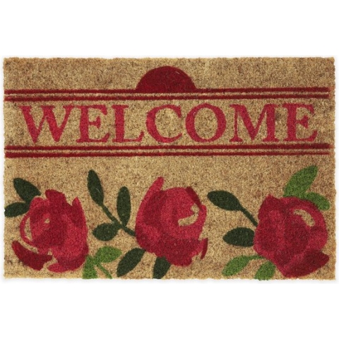 Relaxdays deurmat WELCOME - met rozen - voetmat - 60 x 40 cm - kokosmat - rechthoekig