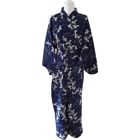 ORIGINELE JAPANSE YUKATA MET KRAANVOGEL DESSIN (BLAUW) (KATOEN) (MAAT ZIE PRODUCTBESCHRIJVING !)