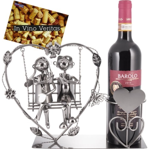 BRUBAKER Wijnfleshouder hart met liefdespaar op schommel - romantische metalen flessenstandaard - paar cadeau of decoratief object - met wenskaart