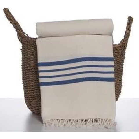 Hamamdoek Krem Sultan XXL Natural Royal Blue - 220x170cm - XXL Strandlaken - Tweepersoons strandlaken - 2 Persoons Stranddoek - Picknickkleed - Festivalkleed - Plaid - Hamamdoek groot
