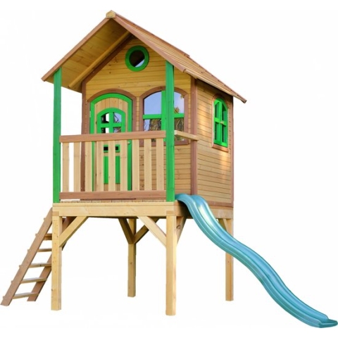 AXI Laura Speelhuis in Bruin/Groen - Met Verdieping en Groen Glijbaan - Speelhuisje voor de tuin / buiten - FSC hout - Speeltoestel voor kinderen