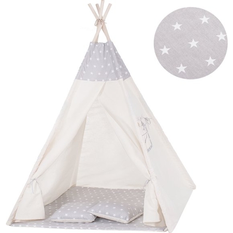 Springos Tipi Tent | Wigwam Speeltent | 120x100x180 cm | Inclusief Mat | Inclusief Kussens | Naturel Grijs | Sterren