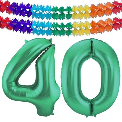 Folat folie ballonnen - Leeftijd cijfer 40 - glimmend groen - 86 cm - en 2x slingers