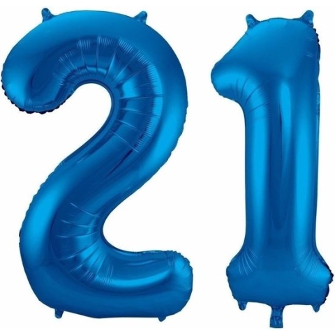21 jaar blauwe folie ballonnen 86 cm leeftijd/cijfer - Leeftijdsartikelen 21e verjaardag versiering - Heliumballonnen