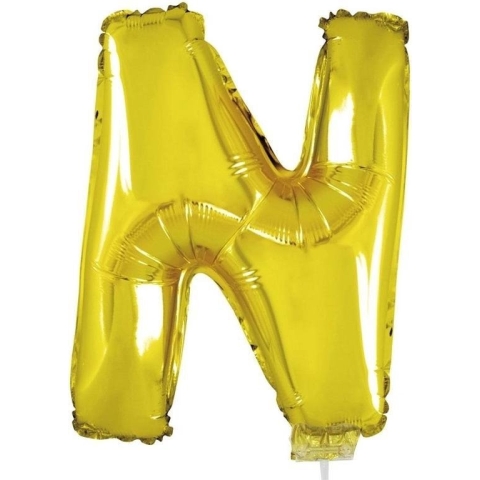 Gouden opblaas letter ballon N op stokje 41 cm