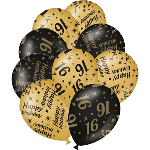 Verjaardag ballonnen - 16 jaar en happy birthday 24x stuks zwart/goud