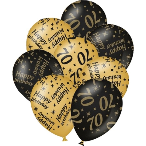 Verjaardag ballonnen - 70 jaar en happy birthday 24x stuks zwart/goud