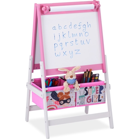 Relaxdays krijtbord kind - schoolbord roze - tekenbord meisjes - staand whiteboard binnen
