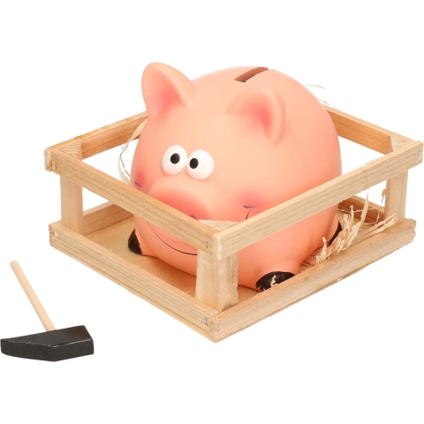 Spaarvarken met hamer in kistje - 14 x 12 cm - Keramiek - Spaarpot met hamertje