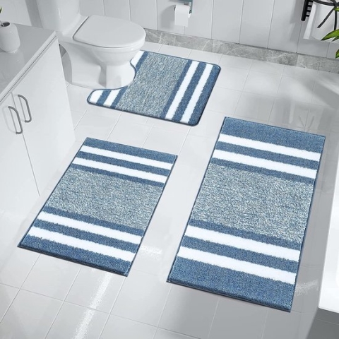 Badmatten en badmattenset 3-delig Zacht microvezel antislip waterabsorberend badkamertapijt Machinewasbare badmat en toiletmat voor douche, bad en toilet, blauw