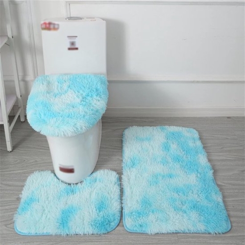 3 STKS Antislip Shaggy Badkamer Tapijt Set, U-vormige Contour Toilet Tapijt Water Absorberende Badkamer Mat Toilet Deksel Cover Tie Geverfd Blauw 1
