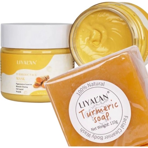 LIYALAN | Kurkuma zeep en klei masker set | Turmeric soap and facial clay |  100% Natuurlijk | Gezichtsreiniging | Lichaamsreiniging | Kurkuma verzorgingsset | Geschenkset Kurkuma