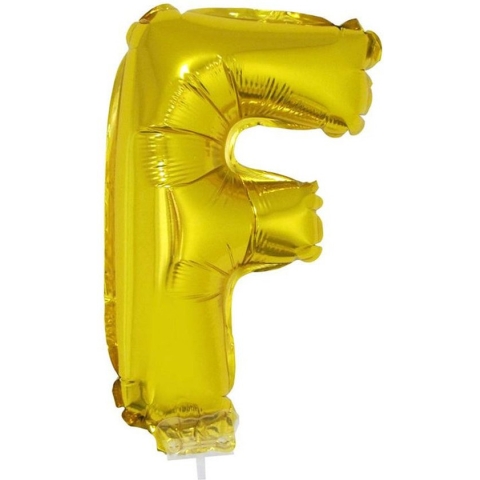 Gouden opblaas letter ballon F op stokje 41 cm