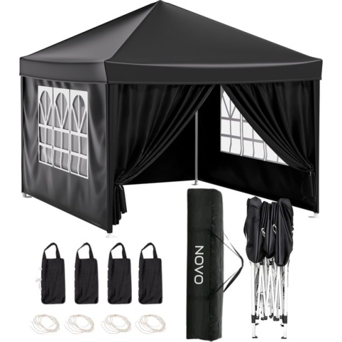 NOVO® Partytent - Easy up - 3 x 3m - Paviljoen met Zijpanelen - Opvouwbaar - Waterdichte Tent - In Hoogte Verstelbaar - Zwart