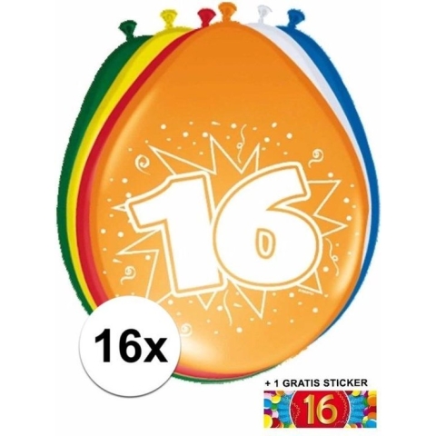 Ballonnen 16 jaar van 30 cm 16 stuks + gratis sticker