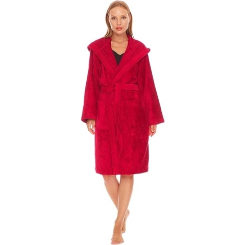 Korte damesbadjas met capuchon, hoge kwaliteit ochtendjas van fluweel, zachte en absorberende badstofdoc van 100% biologische catoen, Oeko-Tex Made in Green & GOTS-gecertificeerd