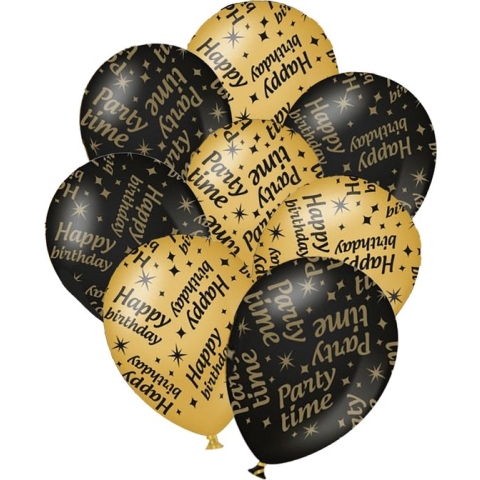 Verjaardag ballonnen - Party Time/Happy Birthday tekst print 12x stuks
