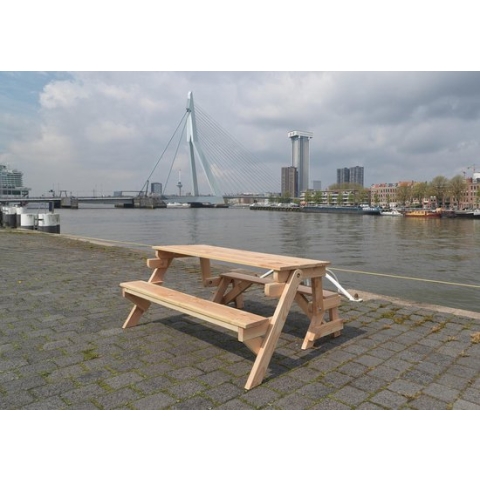 Inklapbare Picknicktafel - XL Model - Dicht Tafelblad 4,5 cm dik 3-6 personen - Metalen onderdelen van RVS -Tafel en Bank 2 in 1 - Compleet gemonteerd geleverd
