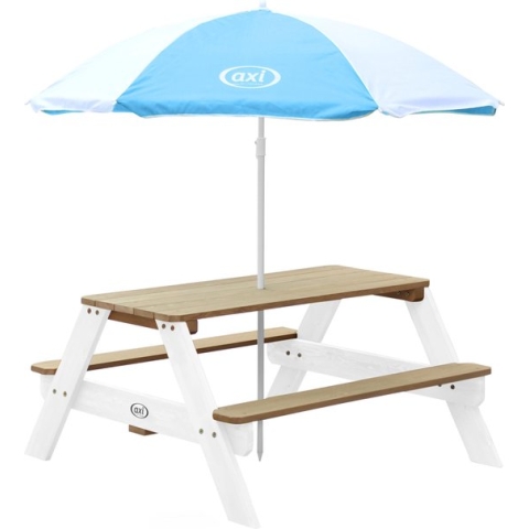 AXI Nick Picknicktafel in Bruin/Wit met Parasol in Blauw/Wit - Picknick tafel voor kinderen van hout