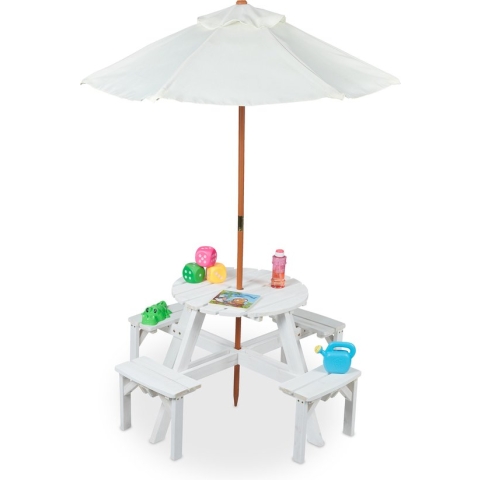 Relaxdays kinderpicknicktafel met parasol - kindertafel en stoeltjes buiten - kindermeubel