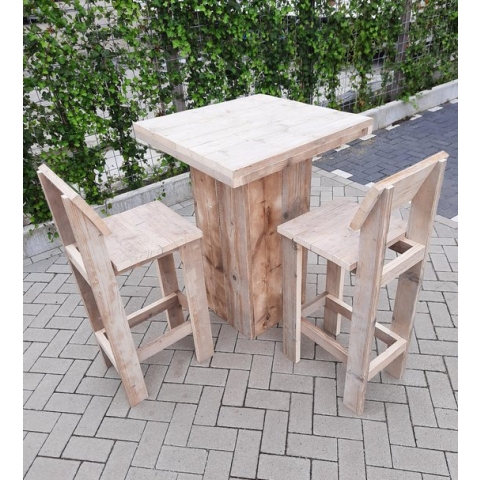 Statafel set “Malibu” van Gebruikt steigerhout 76x76cm 3 delige barset