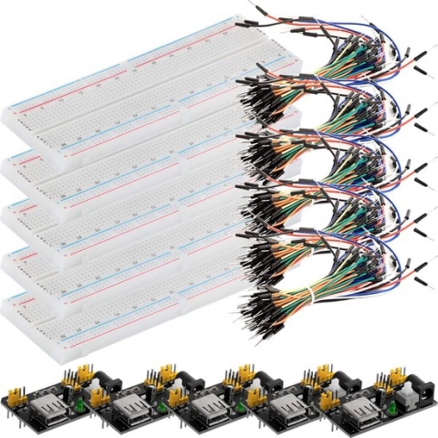 AZDelivery 5 x MB 102 Breadboard Kit - 830 Breadboard, Voedingsadapter 3,3V 5V, 65pcs Jumpers compatibel met Arduino Inclusief E-Book!