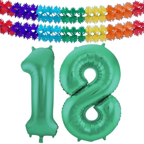 Folat folie ballonnen - Leeftijd cijfer 18 - glimmend groen - 86 cm - en 2x slingers