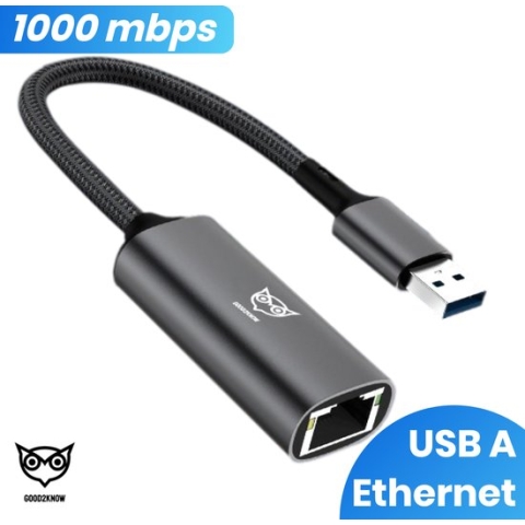 Good2Know Ethernet adapter USB-A - Rj45 - USB A 3.0 naar Ethernet adapter - Internet adapter - 20CM - Aluminium behuizing