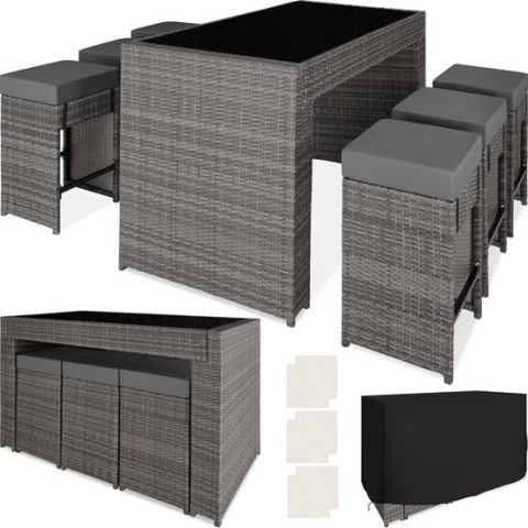 tectake - complete wicker barset Ibiza - grijs - 404386 - met beschermende hoes